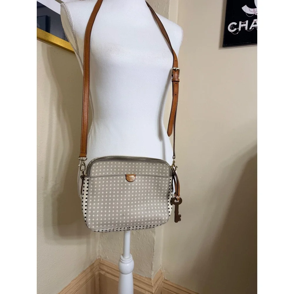 Fossil Polka Dot Coated Canvas Crossbody Bag Tan Leather Trim Triple Zip Pocket